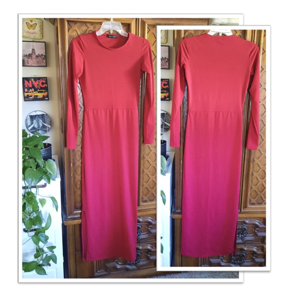ZARA Basic Women's Long Sleeve Sheath Maxi Dress w Slit - Burgundy Red, Size XS